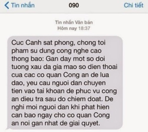 Tin nhắn cơ quan công an đề nghị "nhà mạng" chuyển tới các thuê bao di động để cảnh báo hoạt động tội phạm