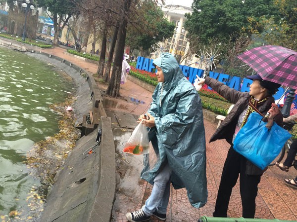 Người Hà Nội đội mưa lạnh thả cá chép tiễn ông Công, ông Táo ảnh 4
