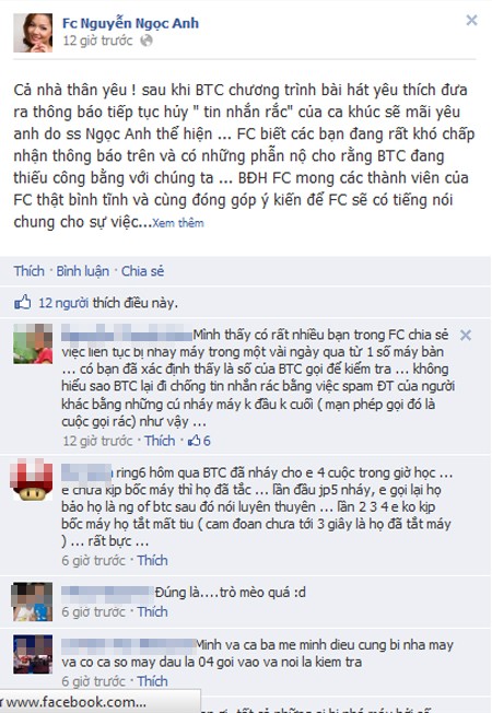 "Fan" Ngọc Anh tố ngược BTC Bài hát yêu thích "spam" điện thoại ảnh 2