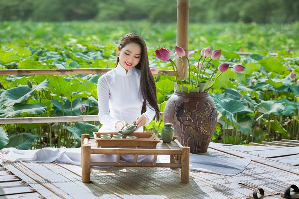 Hoa hậu Áo dài Biển Việt Nam Dương Kim Ánh đẹp thuần khiết bên hoa sen ảnh 5