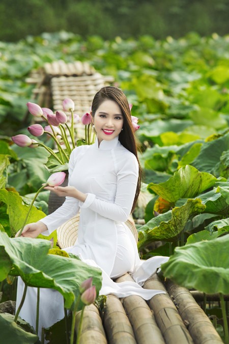 Hoa hậu Áo dài Biển Việt Nam Dương Kim Ánh đẹp thuần khiết bên hoa sen ảnh 7
