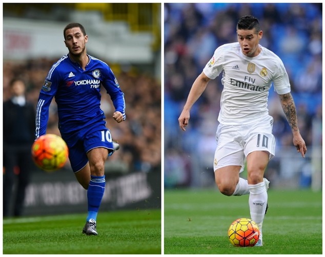 Real Madrid muốn đổi James Rodriguez lấy Eden Hazard (áo xanh) của Chelsea