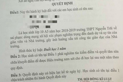 Quyết định kỷ luật của Trường THPT Nguyễn Trãi – Thanh Hóa đối với 7 học sinh xúc phạm giáo viên trên Facebook