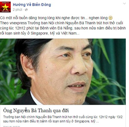 Thông tin ông Nguyễn Bá Thanh qua đời phủ kín các trang mạng xã hội ảnh 2