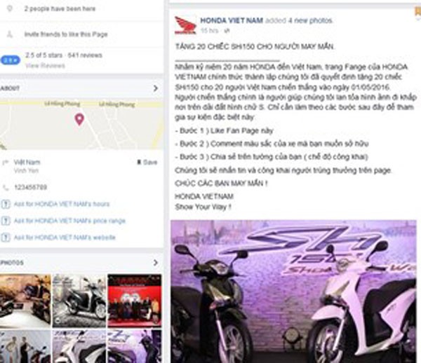 Page lừa đảo Honda VIỆT NAM, gần 100 lượt like và share cho bài lừa đảo