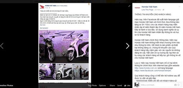 Honda Việt Nam lên tiếng khuyến cáo khách hàng trên fanpage