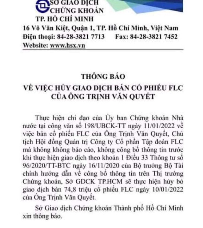 HOSE hủy giao dịch 74,8 triệu cổ phiếu FLC của ông Trịnh Văn Quyết ảnh 1