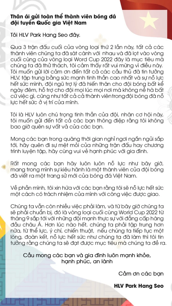 HLV Park Hang-seo cảm ơn tuyển Việt Nam bằng tâm thư xúc động ảnh 1